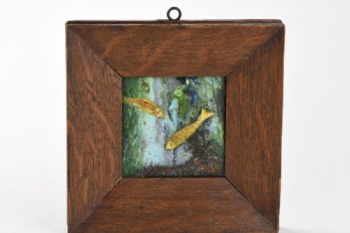 english arts and crafts enamel on copper plaque showing 2 fish in an underwater scene - CATEGORY: ANTIQUE METAL - DATED 1910