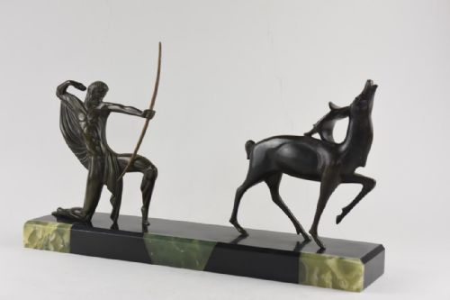 art deco bronze figure of a hunter and stag michel decoux - CATEGORY: ANTIQUE SCULPTURES - DATED 1920
