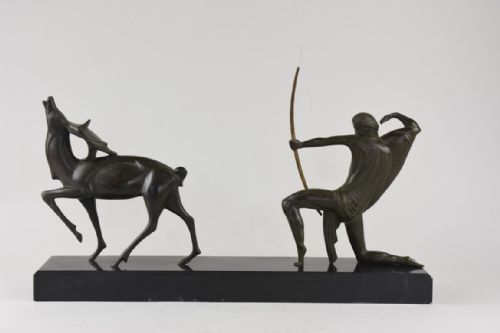 ART DECO BRONZE FIGURE OF A HUNTER AND STAG MICHEL DECOUX - ADDITIONAL PHOTO 1