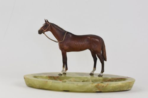 an austrian cold painted bronze figure of a horse standing on a green onyx vide poche or pen holder - CATEGORY: ANTIQUE METAL - DATED 1910