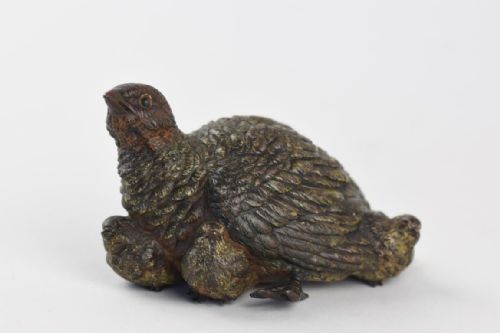 cold painted vienna bronze figure of a partridge and 3 chicks - CATEGORY: ANTIQUE METAL - DATED 1900
