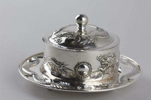 a chinese export silver butter dish finely decorated with 4 toed dragons chasing a flaming ball - CATEGORY: ANTIQUE SILVER - DATED 1880