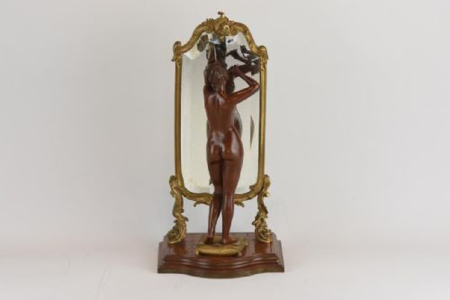 art nouveau bronze figure by emile pinedo woman with mirror - CATEGORY: ANTIQUE SIDEBOARDS - DATED 1890