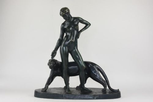 art deco bronze figure femme a la panthere albert poncin - CATEGORY: ANTIQUE SCULPTURES - DATED 1930