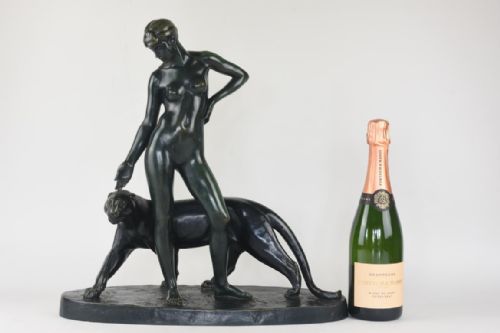 ART DECO BRONZE FIGURE FEMME A LA PANTHERE ALBERT PONCIN - ADDITIONAL PHOTO 1