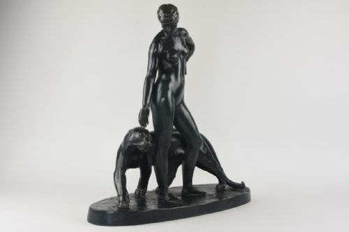 ART DECO BRONZE FIGURE FEMME A LA PANTHERE ALBERT PONCIN - ADDITIONAL PHOTO 2