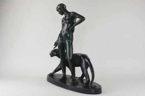 ART DECO BRONZE FIGURE FEMME A LA PANTHERE ALBERT PONCIN - ADDITIONAL PHOTO 3