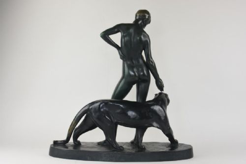 ART DECO BRONZE FIGURE FEMME A LA PANTHERE ALBERT PONCIN - ADDITIONAL PHOTO 4