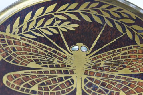 ART NOUVEAU DRAGONFLY SHALLOW DISH DECORATED WITH BRASS INLAY AND MOTHER OF PEARL BY ERHARD AND SOHNE - ADDITIONAL PHOTO 2