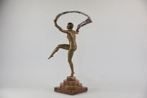 ART DECO PATINATED BRONZE FIGURE BY MAURICE GUIRAUD RIVIERE DANSEUSE A LECHARPE - ADDITIONAL PHOTO 5