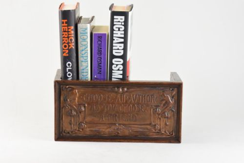 arts and crafts repousse copper and oak book trough - CATEGORY: ANTIQUE MISCELLANEOUS - DATED 1880