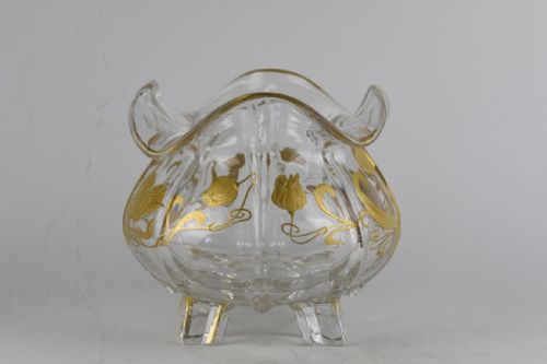 ART NOUVEAU LARGE CRYSTAL BOWL BY ST LOUIS GLASSWORKS WITH A GOLD ENAMEL DECORATION OF POPPY FLOWERS AND LEAVES - ADDITIONAL PHOTO 1
