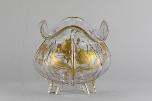 ART NOUVEAU LARGE CRYSTAL BOWL BY ST LOUIS GLASSWORKS WITH A GOLD ENAMEL DECORATION OF POPPY FLOWERS AND LEAVES - ADDITIONAL PHOTO 3
