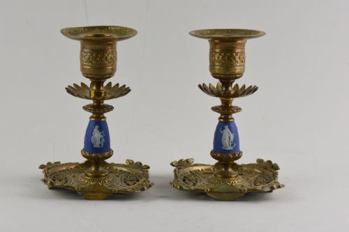 pair of aesthetic movement brass and jasperware candlesticks - CATEGORY: ANTIQUE LIGHTING - DATED 1880