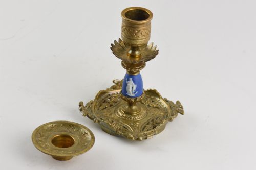 PAIR OF AESTHETIC MOVEMENT BRASS AND JASPERWARE CANDLESTICKS - ADDITIONAL PHOTO 2