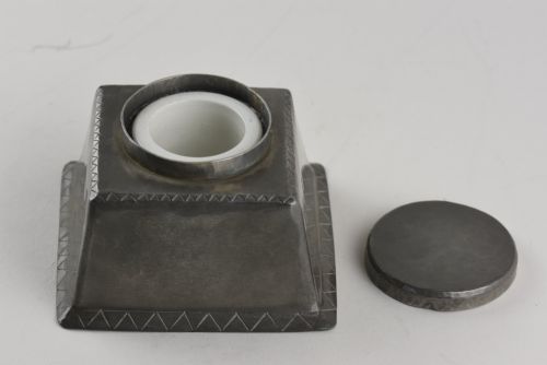 ARTS AND CRAFTS HAMMERED PEWTER INKWELL BY HUGH WALLIS - ADDITIONAL PHOTO 1