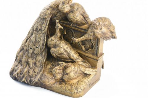 FRENCH ART NOUVEAU BRONZE GROUP OF 5 PEACOCKS LES CINQ PAONS - ADDITIONAL PHOTO 5