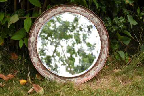 ARTS AND CRAFTS COPPER AND PEWTER MIRROR BY HUGH WALLIS OF ALTRINCHAM