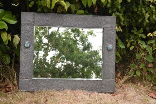 Arts and Crafts Pewter Mirror with Two Ruskin Cabochons