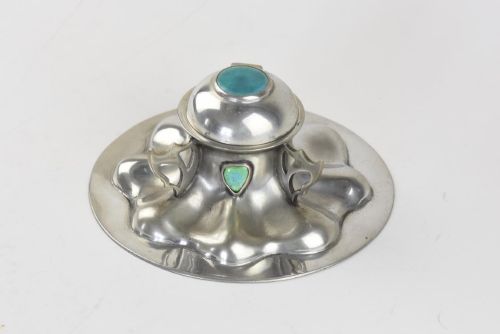 Arts and Crafts William Hutton Polished Pewter Inkwell Decorated with 2 Ruskin Cabochons