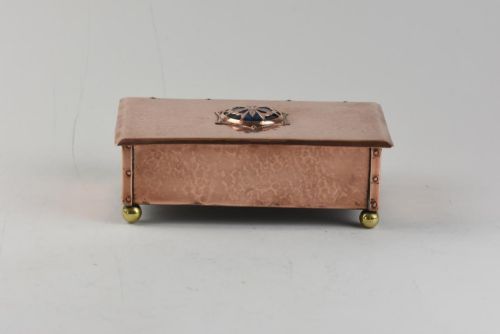 Arts and Crafts Copper Box with Central Enamel Cabochon Mounted with a Copper Butterfly Overlay