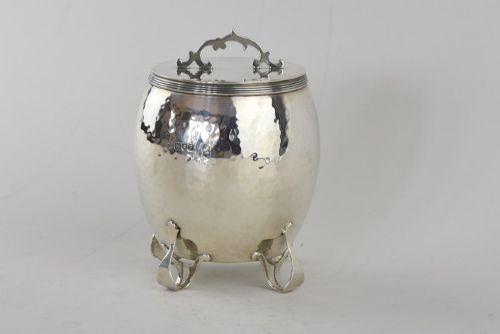 Arts and Crafts Hammered Silver Tea Caddy by Charles Edwards London 1910