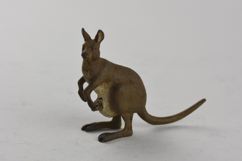 A rare cold painted Austrian bronze figure of a Kangaroo with a baby joey in her pouch by Franz Bergman View II