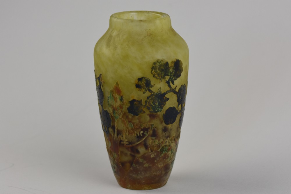 An Art Nouveau mottled yellow and green cameo glass vase decorated with acid-etched and enamelled dark blackberry branches. View II