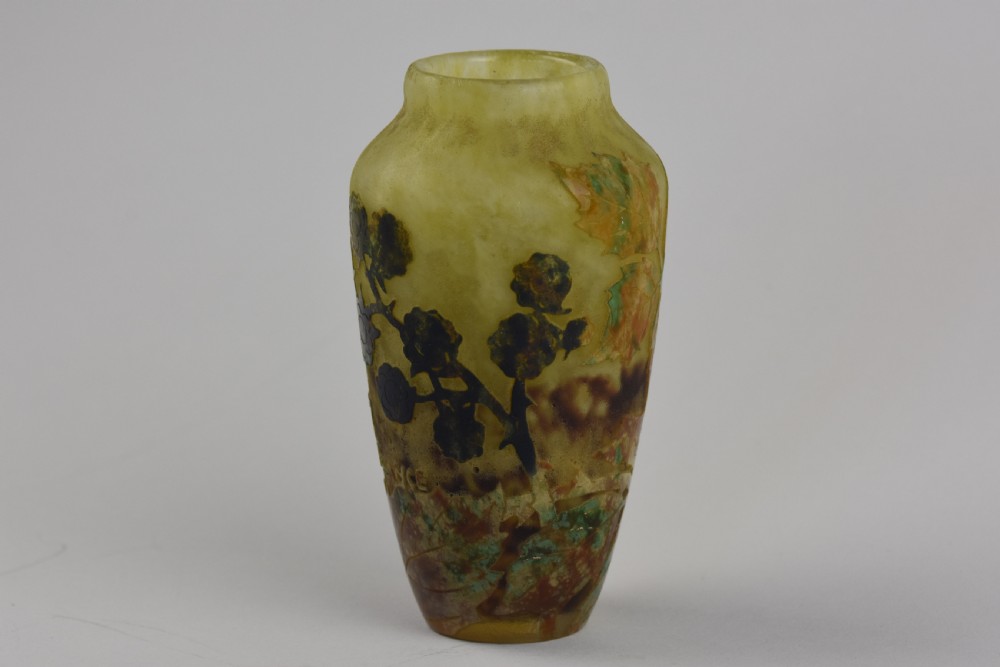 An Art Nouveau mottled yellow and green cameo glass vase decorated with acid-etched and enamelled dark blackberry branches. View III