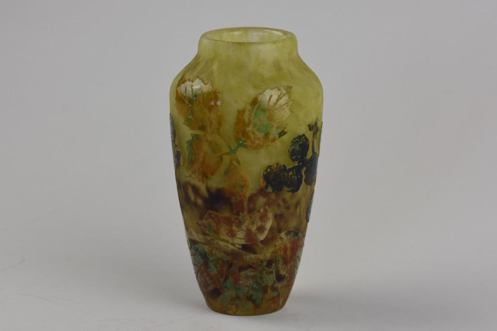An Art Nouveau mottled yellow and green cameo glass vase decorated with acid-etched and enamelled dark blackberry branches. View IV