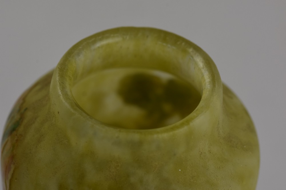 An Art Nouveau mottled yellow and green cameo glass vase decorated with acid-etched and enamelled dark blackberry branches. View V