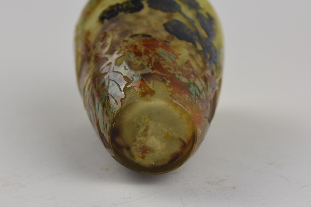 An Art Nouveau mottled yellow and green cameo glass vase decorated with acid-etched and enamelled dark blackberry branches. View VI