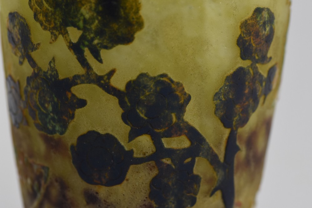 An Art Nouveau mottled yellow and green cameo glass vase decorated with acid-etched and enamelled dark blackberry branches. View VII