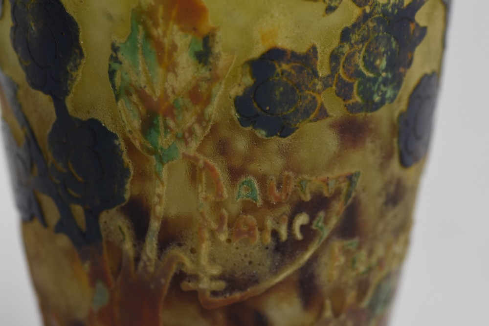 An Art Nouveau mottled yellow and green cameo glass vase decorated with acid-etched and enamelled dark blackberry branches. View VIII