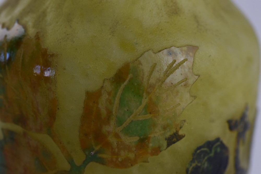 An Art Nouveau mottled yellow and green cameo glass vase decorated with acid-etched and enamelled dark blackberry branches. View IX