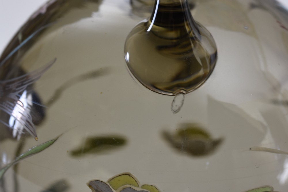 Pair of translucent smoky brown glass vases featuring twin loop handles, pedestal bases, and hand-painted enamelled motifs of blue fish and water plants. View VII
