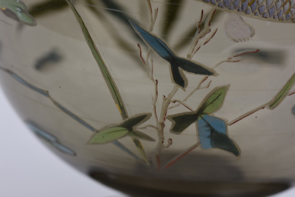 Pair of translucent smoky brown glass vases featuring twin loop handles, pedestal bases, and hand-painted enamelled motifs of blue fish and water plants. View IX