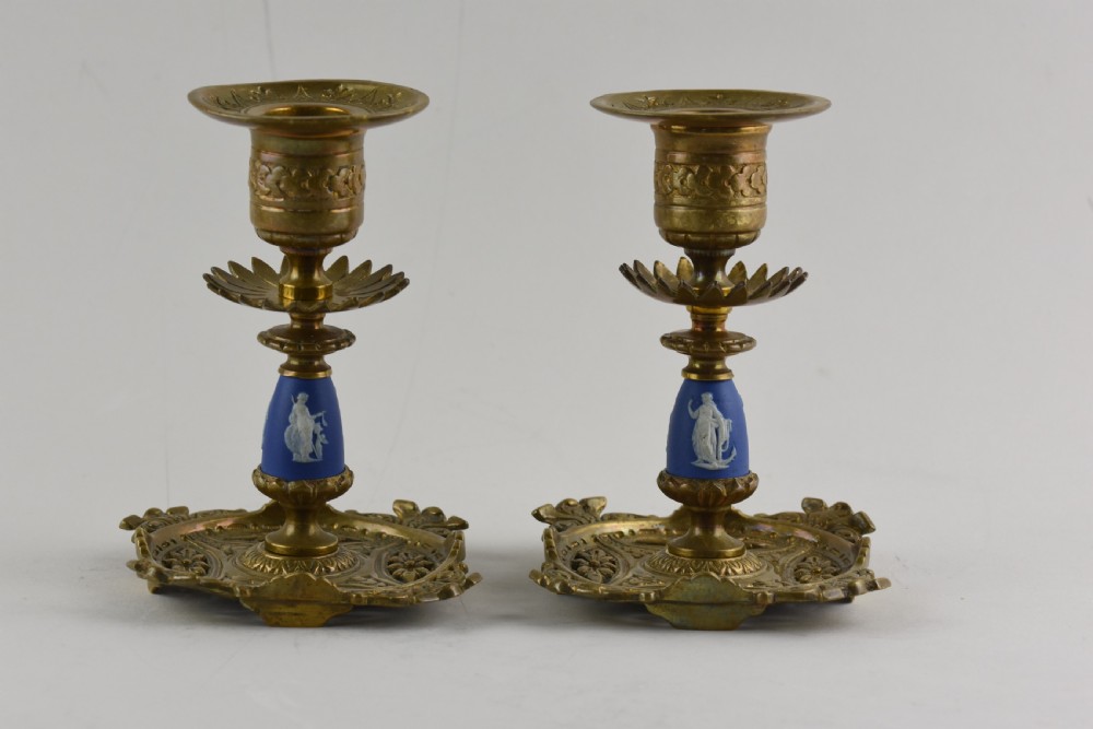 Pair of Aesthetic movement Brass and Jasperware candlesticks