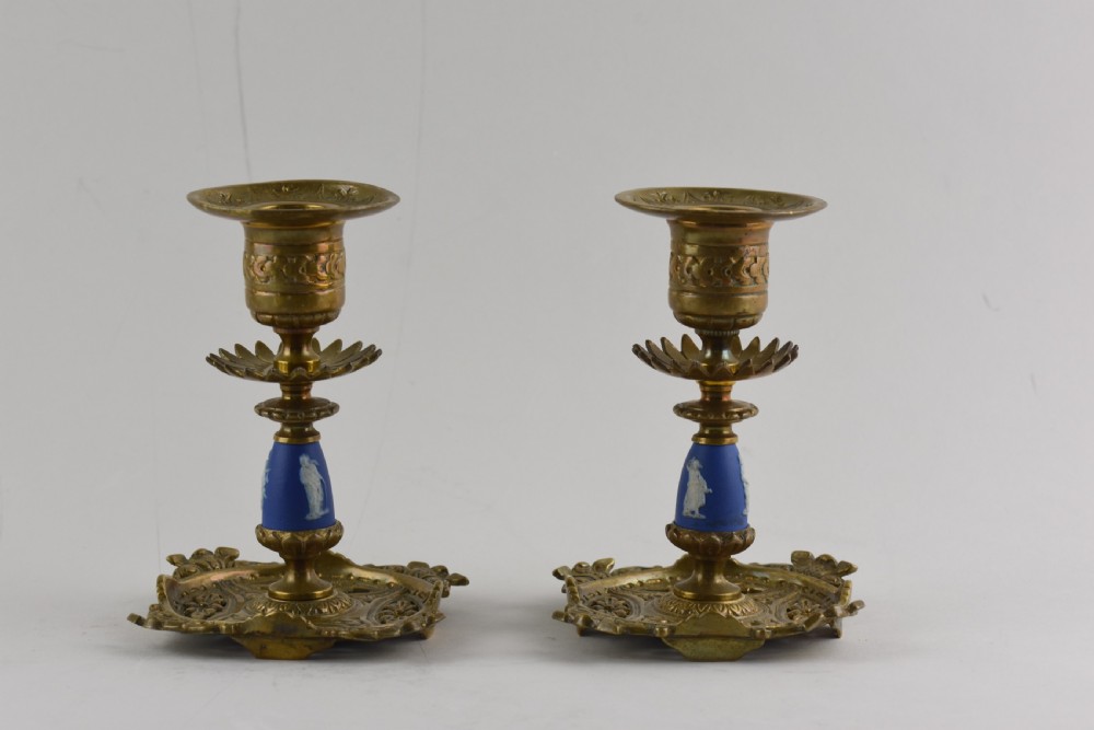 Pair of Aesthetic movement Brass and Jasperware candlesticks View II