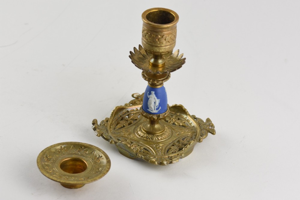 Pair of Aesthetic movement Brass and Jasperware candlesticks View III