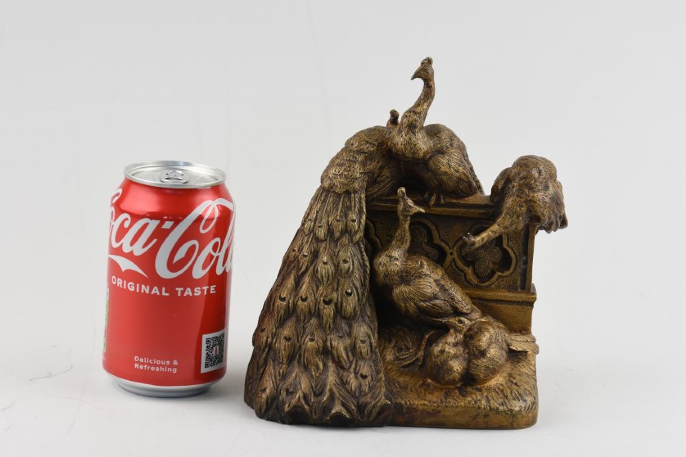 A French Art Nouveau patinated bronze sculpture depicting five peacocks perched around a carved balustrade. View VII