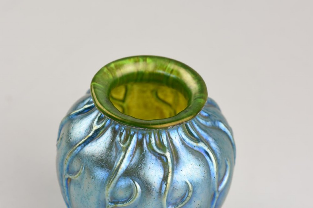 Art Nouveau glass Loetz iridescent vase in the Neptune design with silberisis décor. View III
