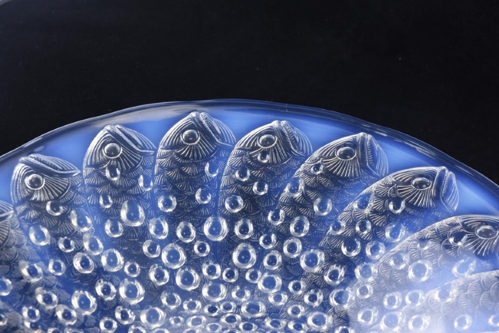 An Art Deco opalescent glass bowl featuring molded fish motifs surrounding raised water bubble patterns. View III