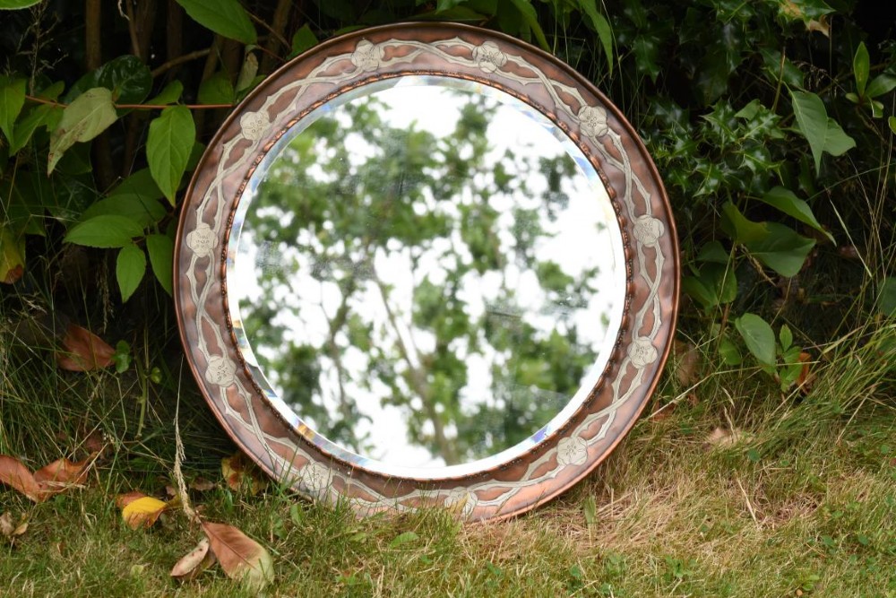 Arts and Crafts Copper and Pewter mirror by Hugh Wallis of Altrincham
