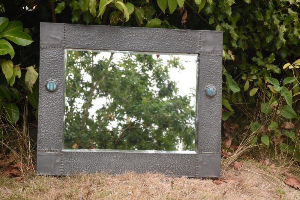 Arts and Crafts Pewter mirror with two Ruskin cabochons