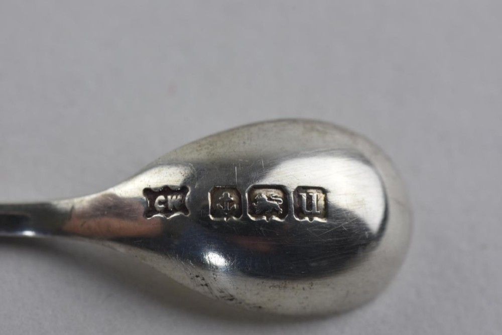 A pair of Aesthetic Period silver salt cellars with leaf-shaped bases, clear glass lotus liners, matching silver spoons, housed in a fitted velvet presentation case. View VI
