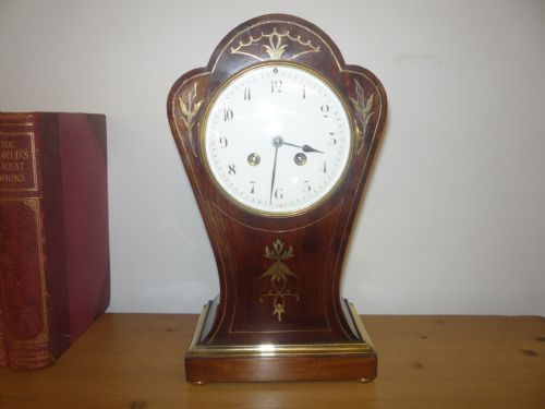 mahogany french tulip shaped mantel clock with brass inlays - CATEGORY: ANTIQUE CLOCKS - DATED 1890
