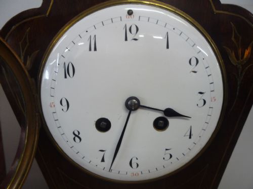 MAHOGANY FRENCH TULIP SHAPED MANTEL CLOCK WITH BRASS INLAYS - ADDITIONAL PHOTO 2