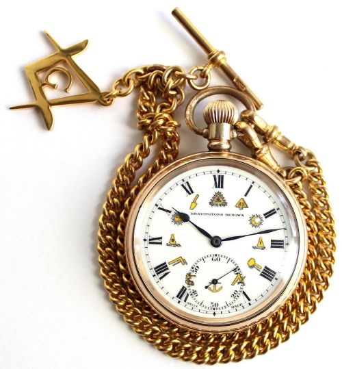 fig 1. Antique - Masonic - Pocket Watch & Albert Chain - Vintage - Gold Plated - Swiss