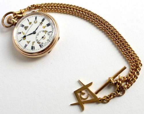 fig 2. Antique - Masonic - Pocket Watch & Albert Chain - Vintage - Gold Plated - Swiss